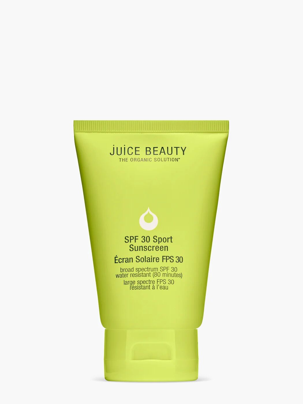 A green tube of Juice Beauty SPF 30 Sport Sunscreen with a flip-top cap, shown against a plain white background.