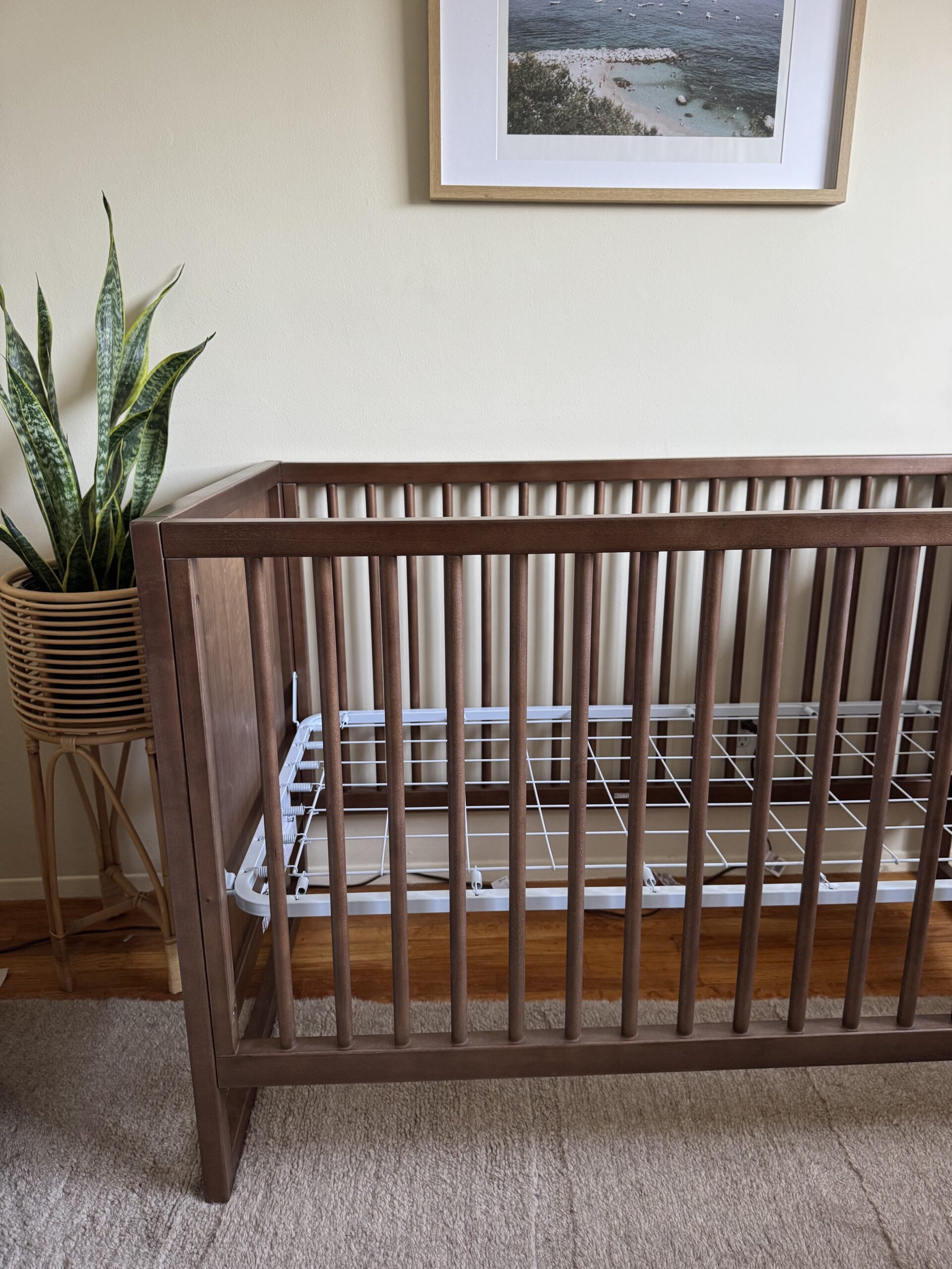 A wooden crib with a bare metal spring base stands next to a potted snake plant and a framed picture on a beige wall.