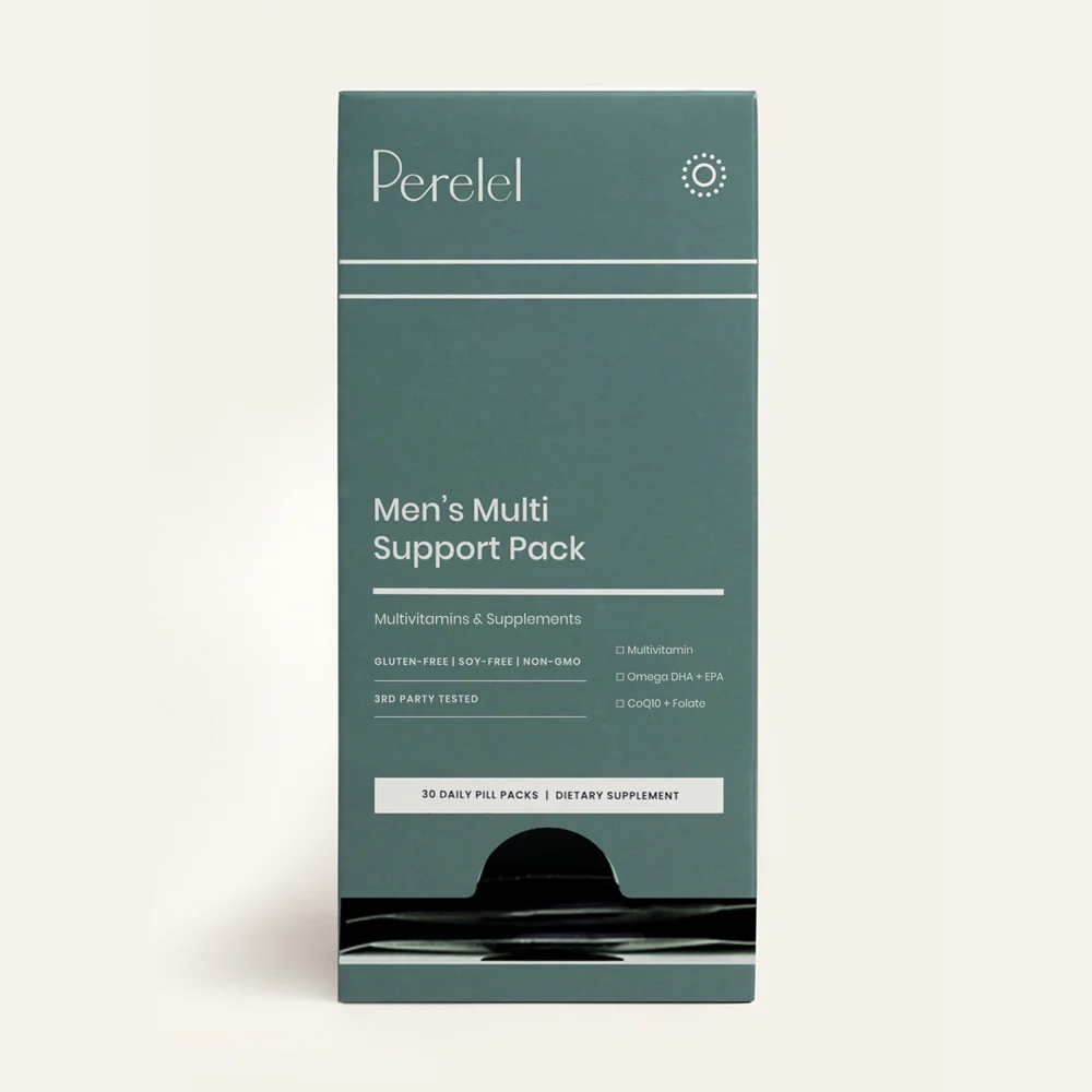 A box labeled "Perelel Men's Multi Support Pack" containing 30 daily pill packs of multivitamins and supplements.