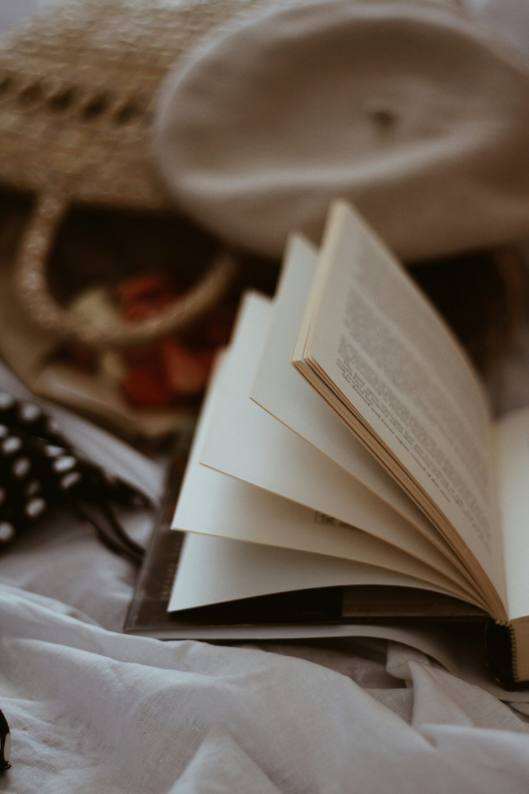 An open book rests on white fabric beside a straw bag and a polka-dot accessory, with additional blurred items in the background.