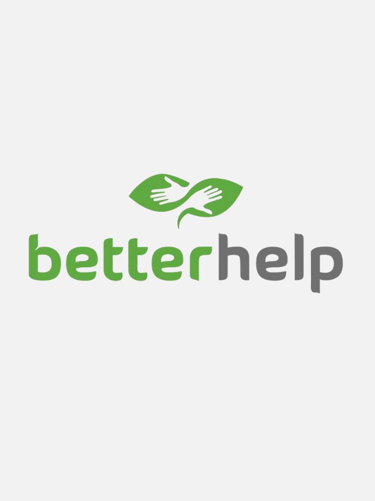 The BetterHelp logo with green and gray text. Above the text are two green leaves, each featuring a white hand design.