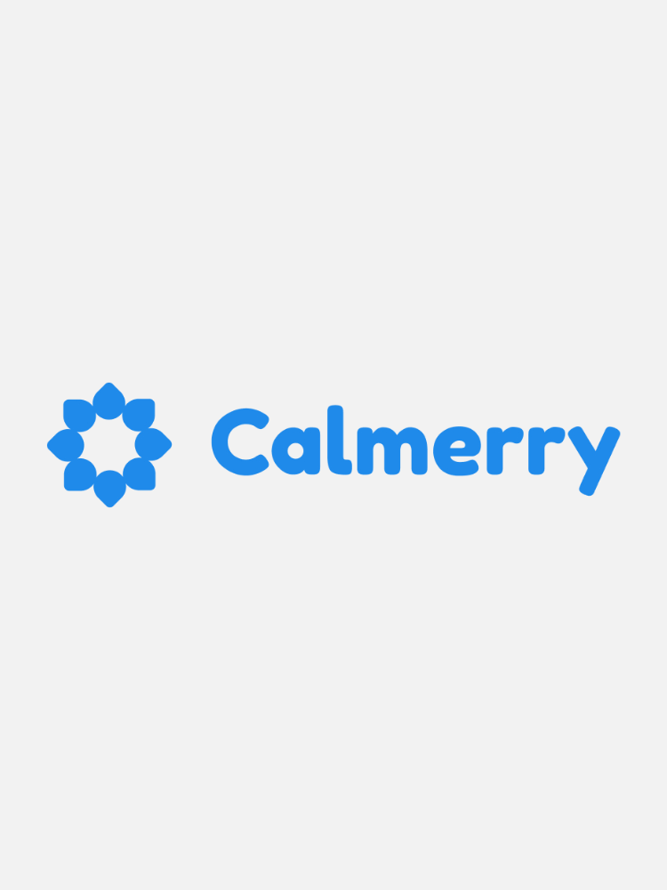 The image shows the Calmerry logo with a blue geometric flower icon to the left of the blue word "Calmerry" on a light gray background.