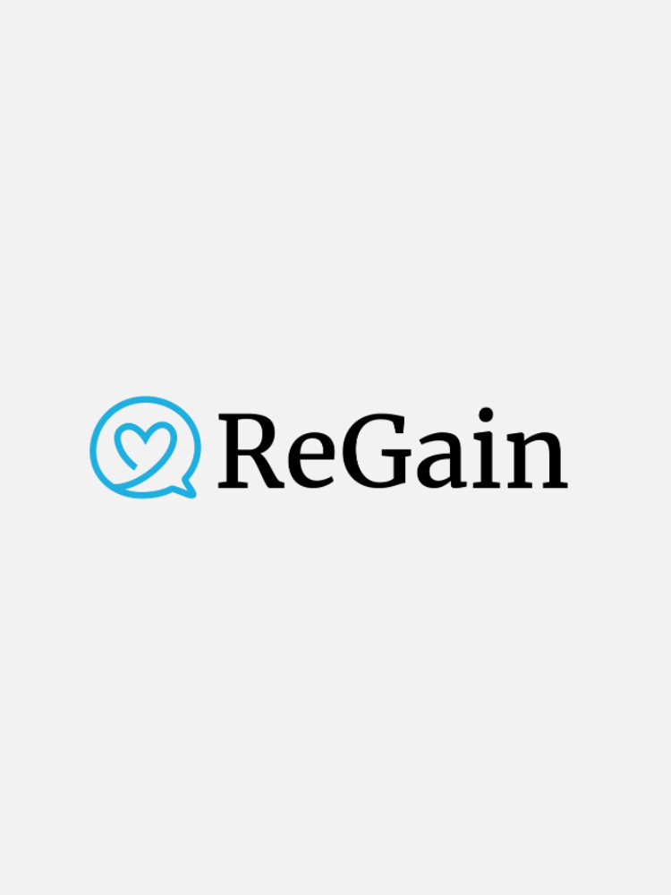 ReGain logo with a blue speech bubble containing a heart icon next to the word "ReGain" in black text on a light background.