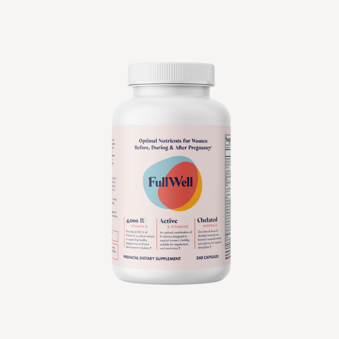 A white bottle of FullWell prenatal dietary supplement with a multicolored label, containing 240 capsules for women before, during, and after pregnancy.