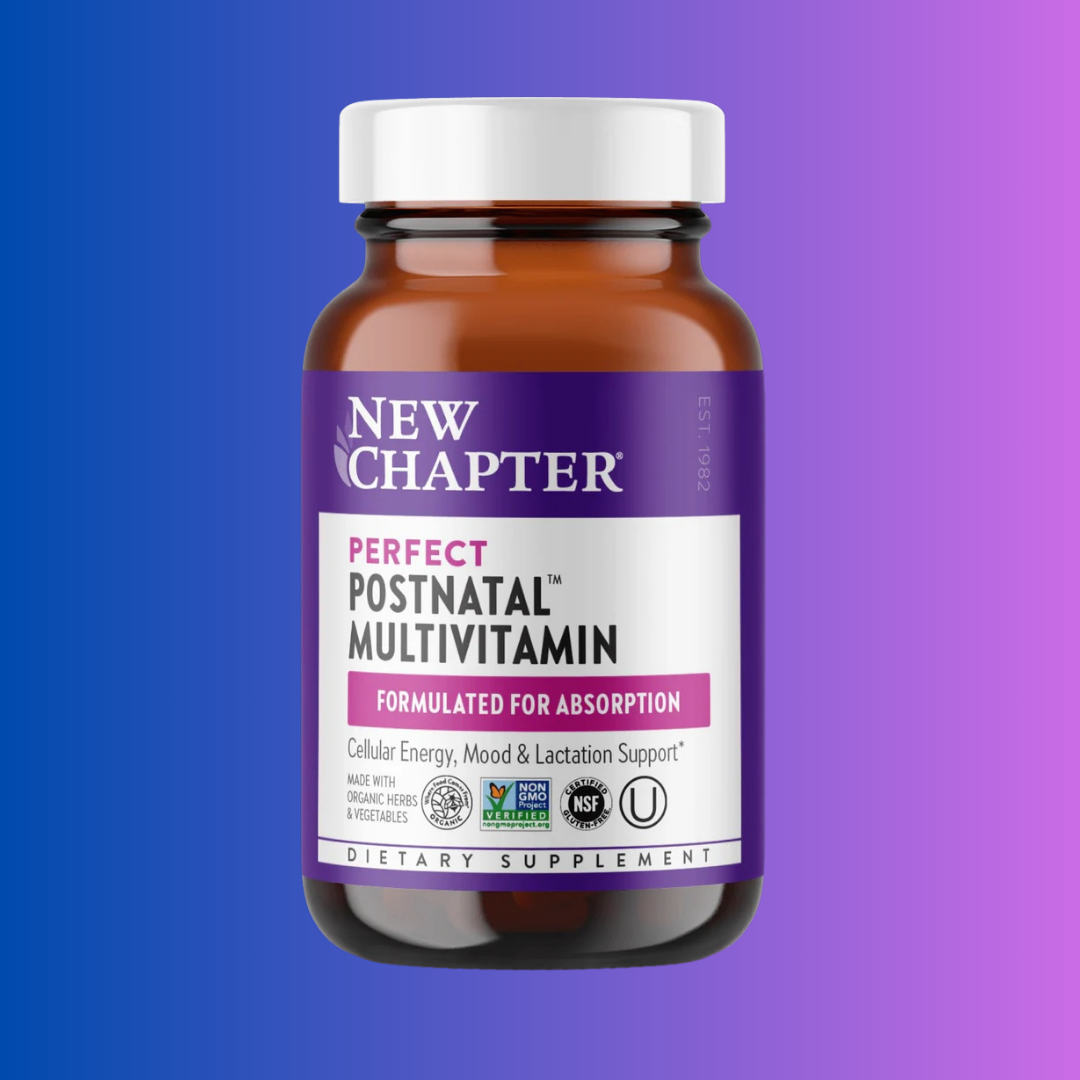 A bottle of New Chapter Perfect Postnatal Multivitamin dietary supplement is shown against a purple and blue gradient background.