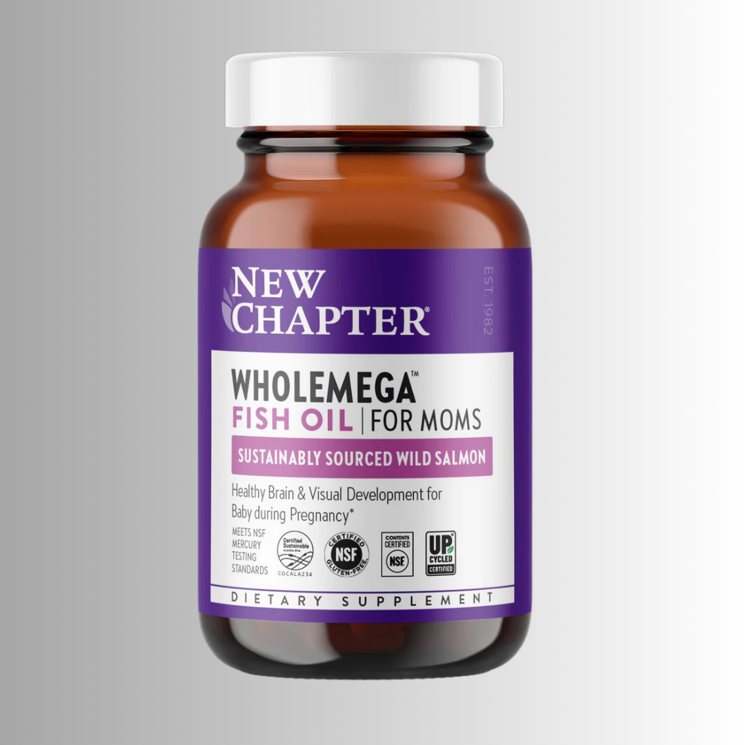 A brown bottle of New Chapter Wholemega Fish Oil for Moms, labeled as sustainably sourced wild salmon, dietary supplement for use during pregnancy.