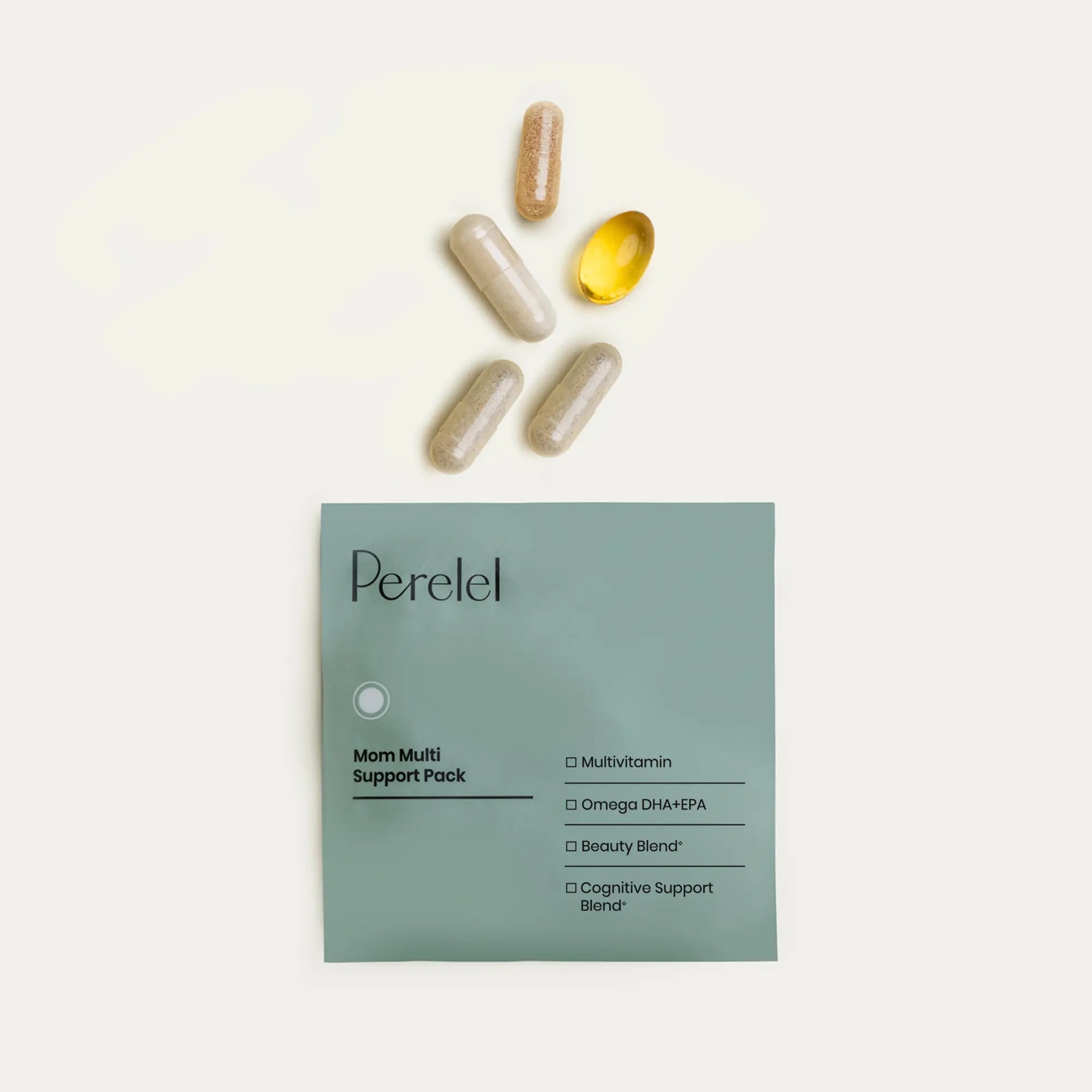 A green packet labeled "Perelel Mom Multi Support Pack" lies below five supplement capsules of varying colors and shapes arranged in an arc.