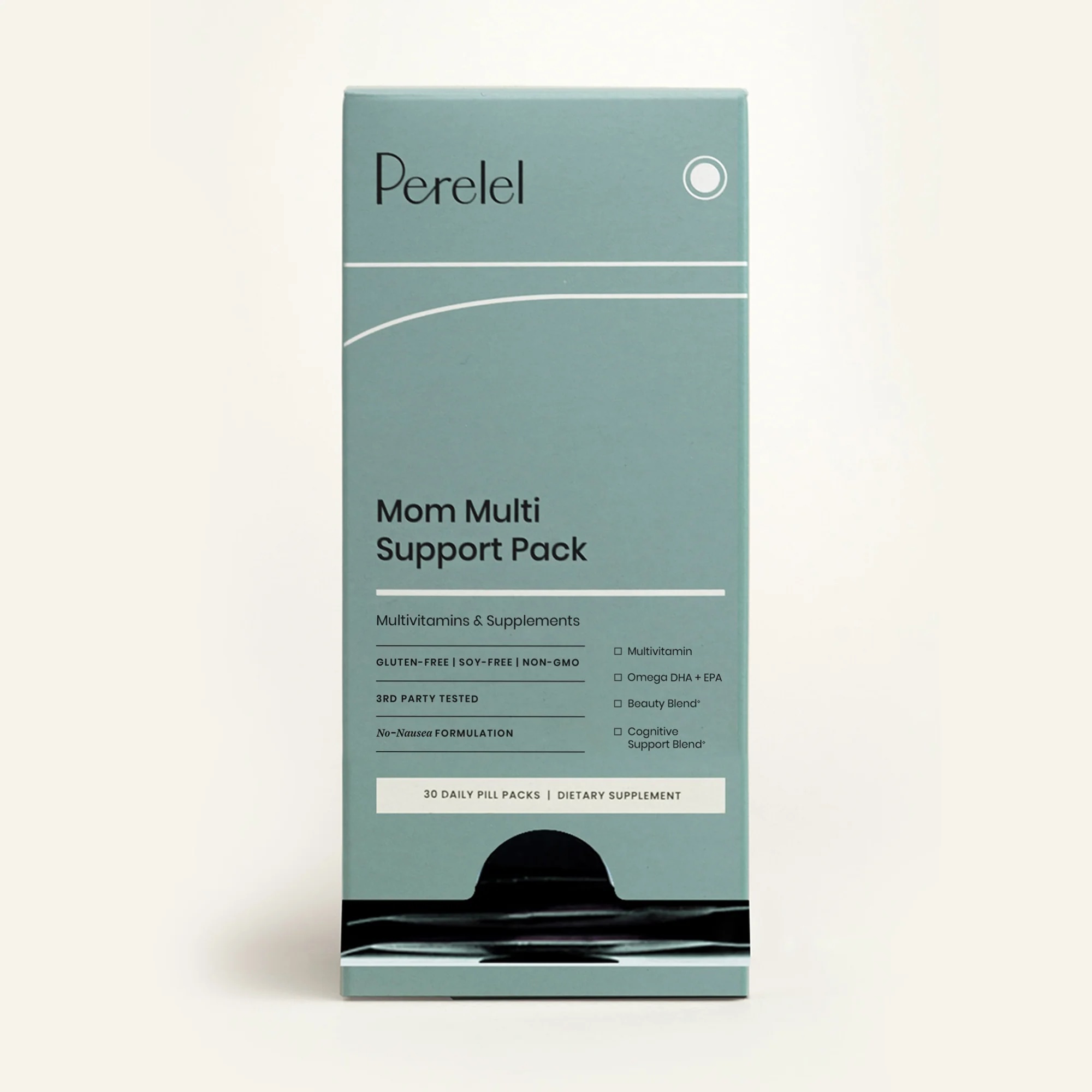 A rectangular box labeled "Perelel Mom Multi Support Pack," containing 30 daily pill packs of multivitamins and supplements for mothers.