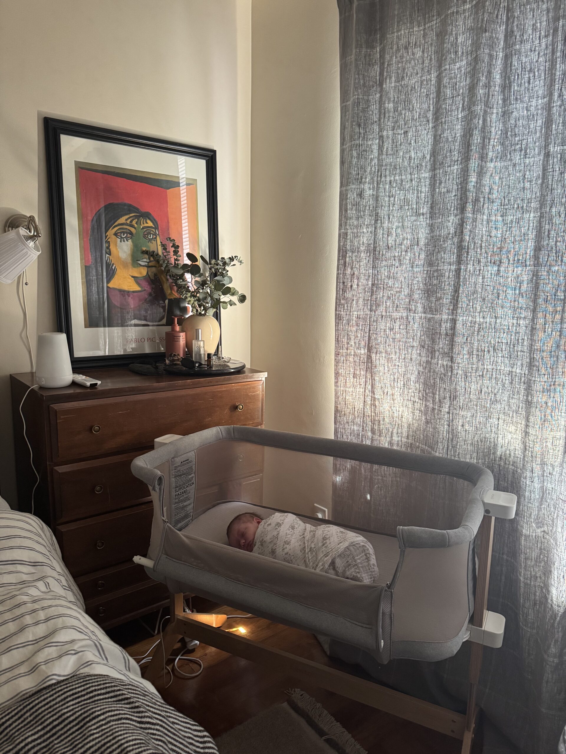 A newborn baby sleeps in a bassinet beside a bed, with sunlight streaming through curtains and a dresser topped with decor and a framed portrait in the background.