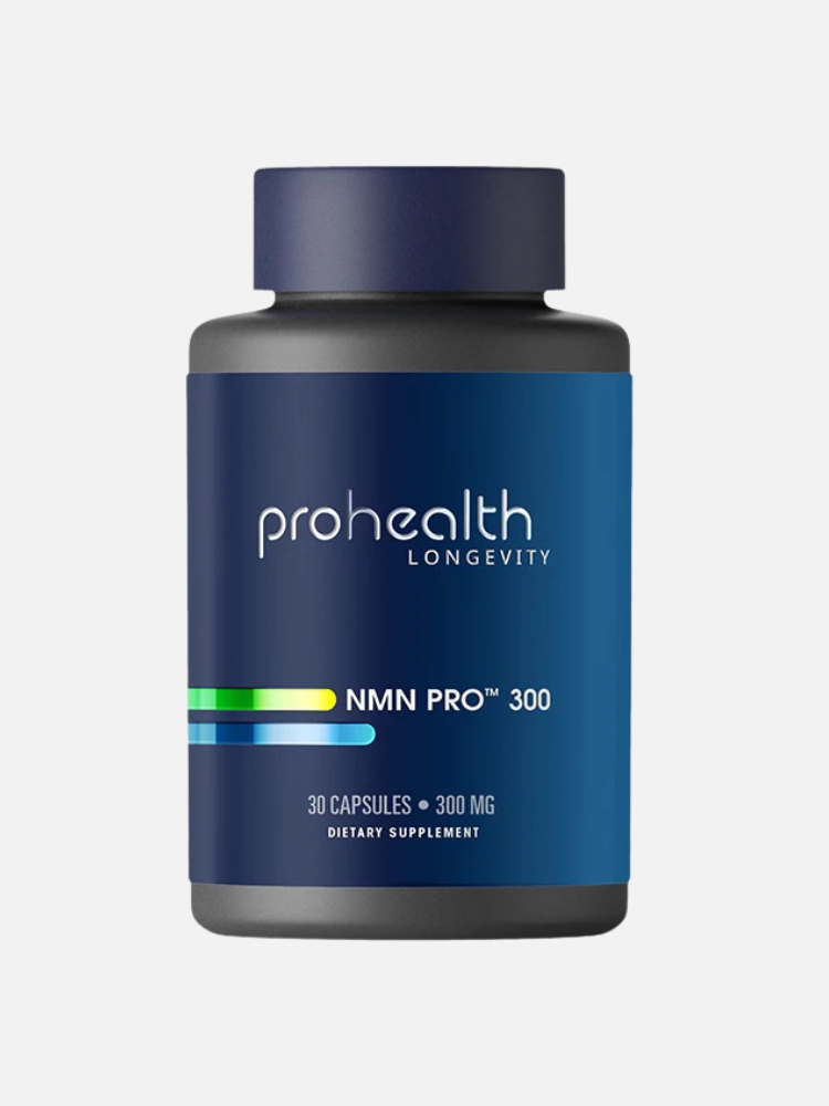 A bottle of ProHealth Longevity NMN Pro 300 dietary supplement, containing 30 capsules of 300 mg each, with a blue label and a dark blue cap.