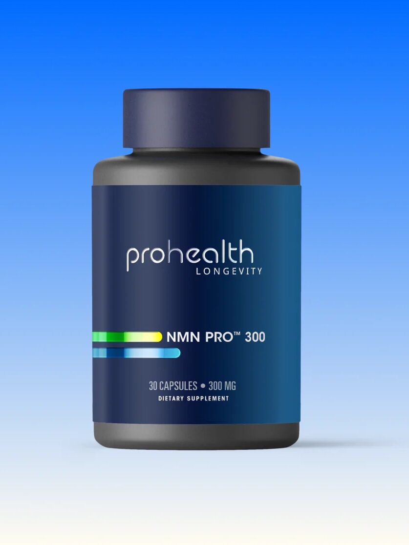 A bottle of ProHealth Longevity NMN Pro 300 dietary supplement, containing 30 capsules of 300 mg each, shown against a blue gradient background.