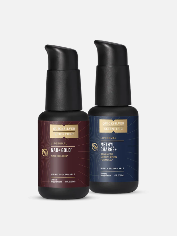 Two black pump bottles of Quicksilver Scientific supplements, labeled "NAD+ Gold" and "Methyl Charge," are side by side on a white background.