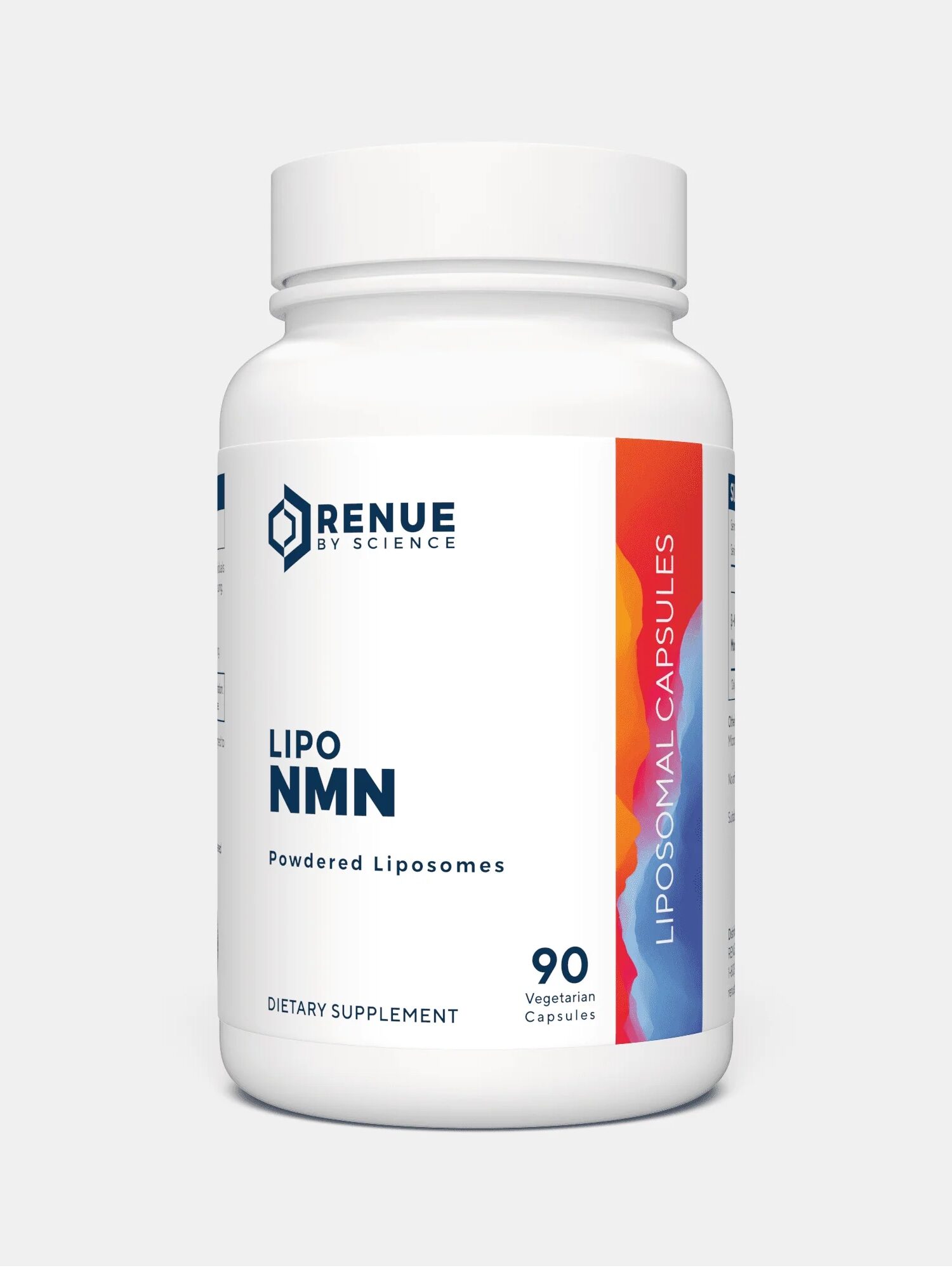 A white bottle labeled "RENUE BY SCIENCE LIPO NMN," containing 90 vegetarian liposomal capsules, with accents of blue, red, and orange on the label.