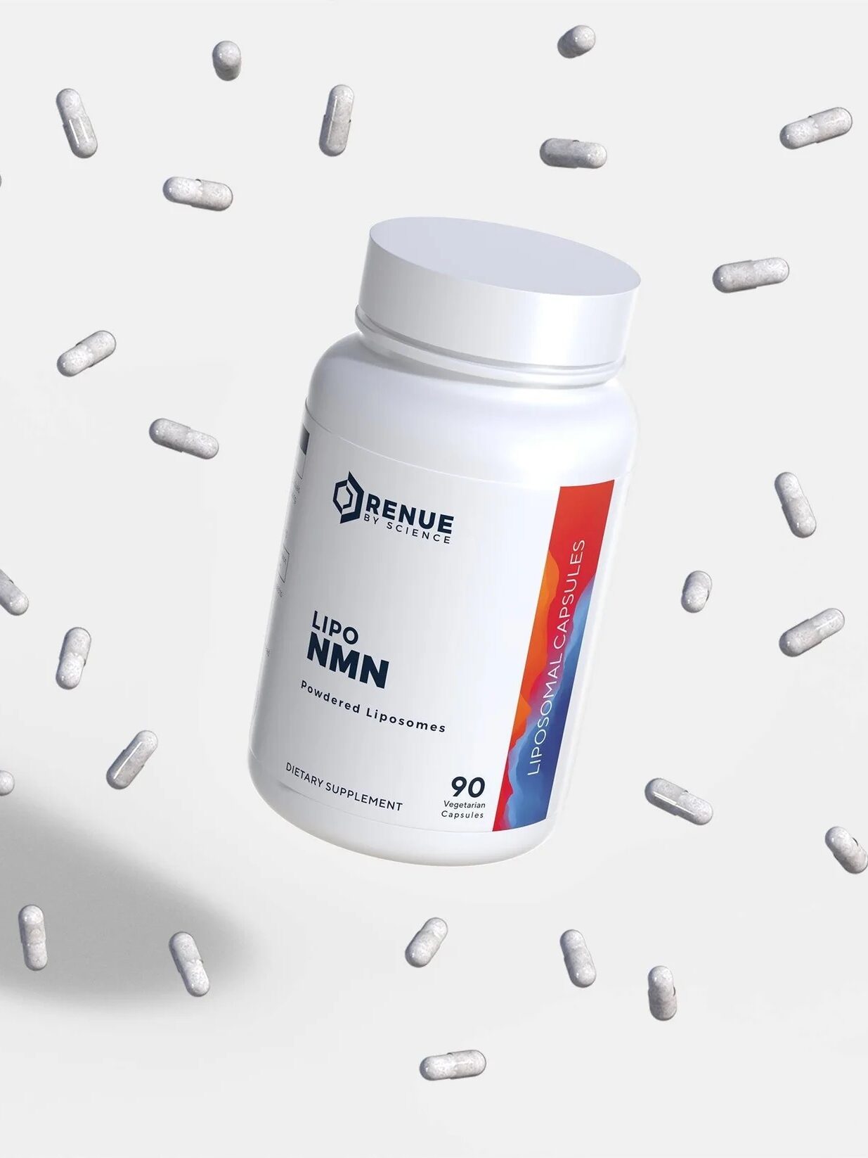 A white bottle labeled “LIPO NMN” from Renue By Science is surrounded by floating white capsules on a light gray background.
