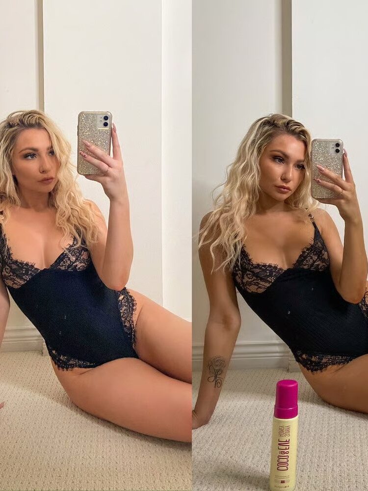 A woman in a black lace bodysuit sits and reclines on a carpeted floor, taking mirror selfies. A can of "Coco&Eve" tanning mousse is on the floor in the second image.