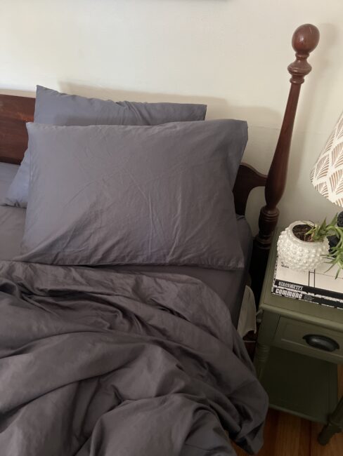 Made bed with gray sheets and pillows next to a green nightstand holding a lamp, books, and a small plant.