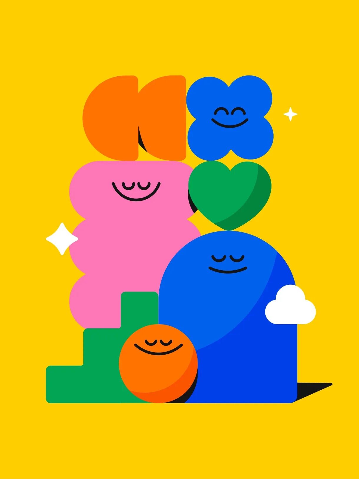 Colorful geometric shapes with smiling faces, including a blue rounded figure, orange circle, green heart, and pink abstract shapes, arranged on a yellow background.