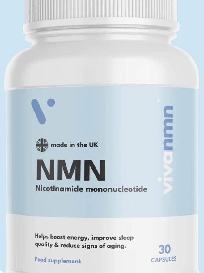 A white bottle labeled "NMN Nicotinamide mononucleotide" with 30 capsules, described as a food supplement to boost energy, improve sleep quality, and reduce signs of aging.
