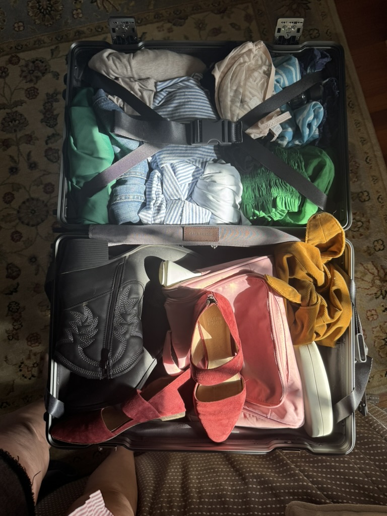 An open suitcase filled with neatly packed clothes, a pair of red shoes, a black bag, a pink pouch, and other accessories, on a patterned carpet.