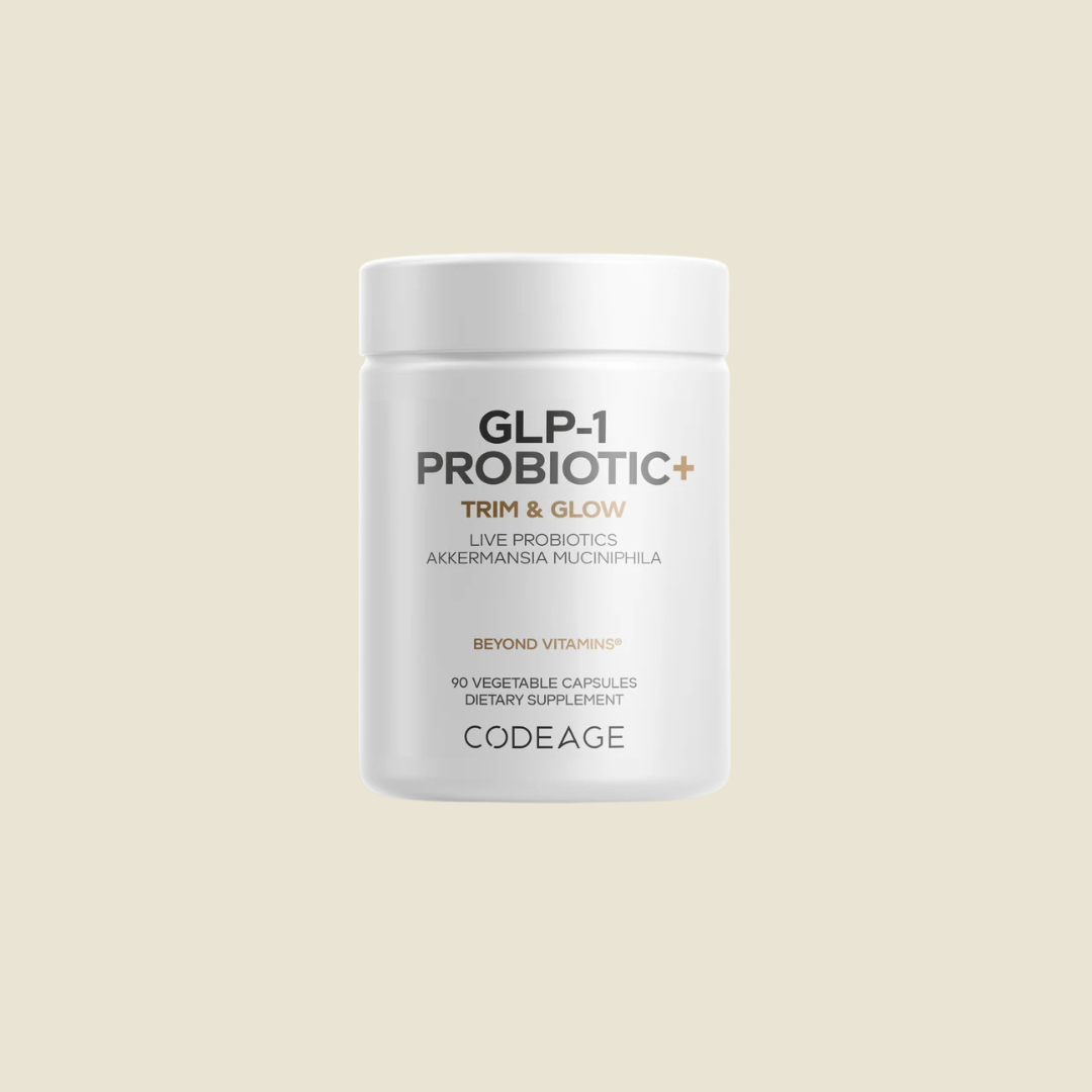 A white container labeled "GLP-1 Probiotic+ Trim & Glow" by Codeage, containing 90 vegetable capsules of a dietary supplement.