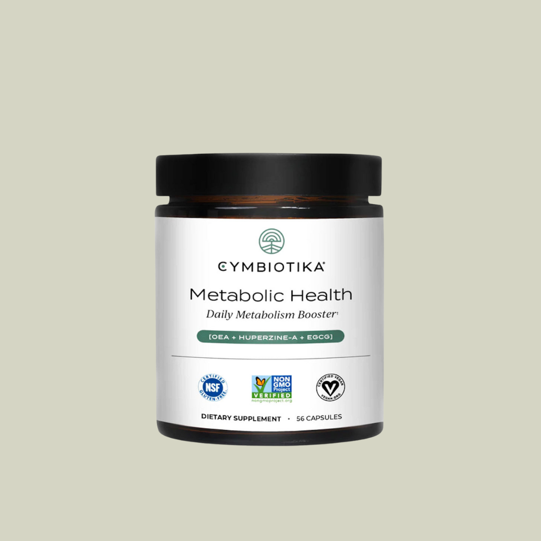 A jar of Cymbiotika Metabolic Health daily metabolism booster dietary supplement with 56 capsules, featuring certification labels on the front.