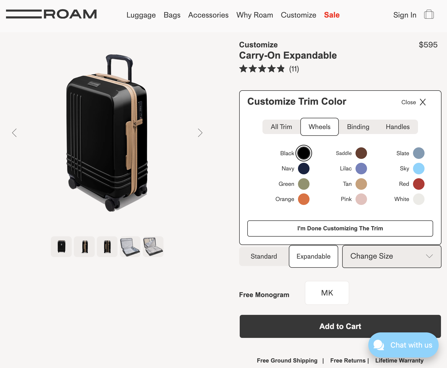 A black expandable carry-on suitcase with tan trim is displayed on a customization page, showing options to select wheel and trim colors.
