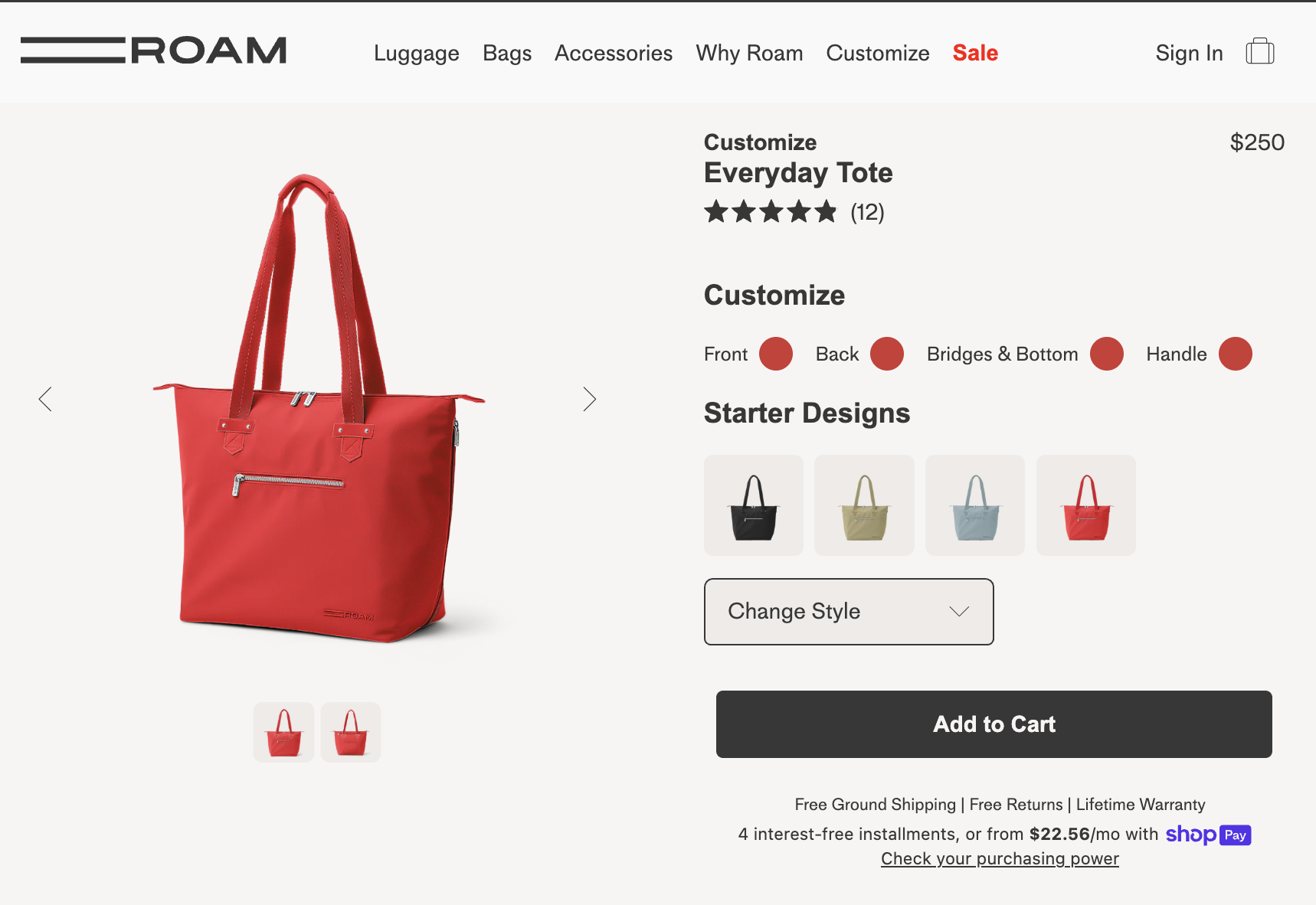 Red tote bag with zipper pocket displayed on a product webpage, with color options and customization features shown on the right side. Price listed as $250.