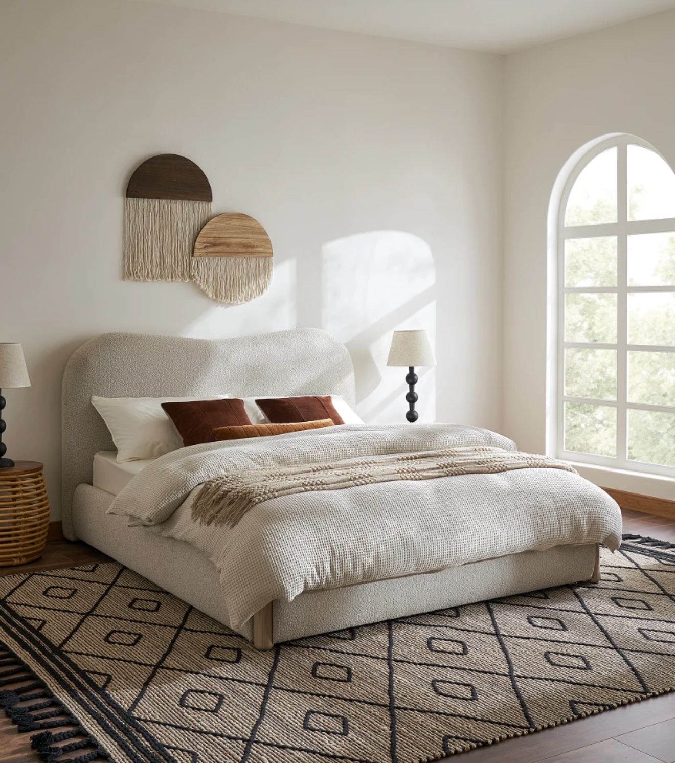 A modern bedroom with a beige upholstered bed, neutral bedding, two bedside lamps, a geometric rug, and wall art above the bed, with light streaming through an arched window.
