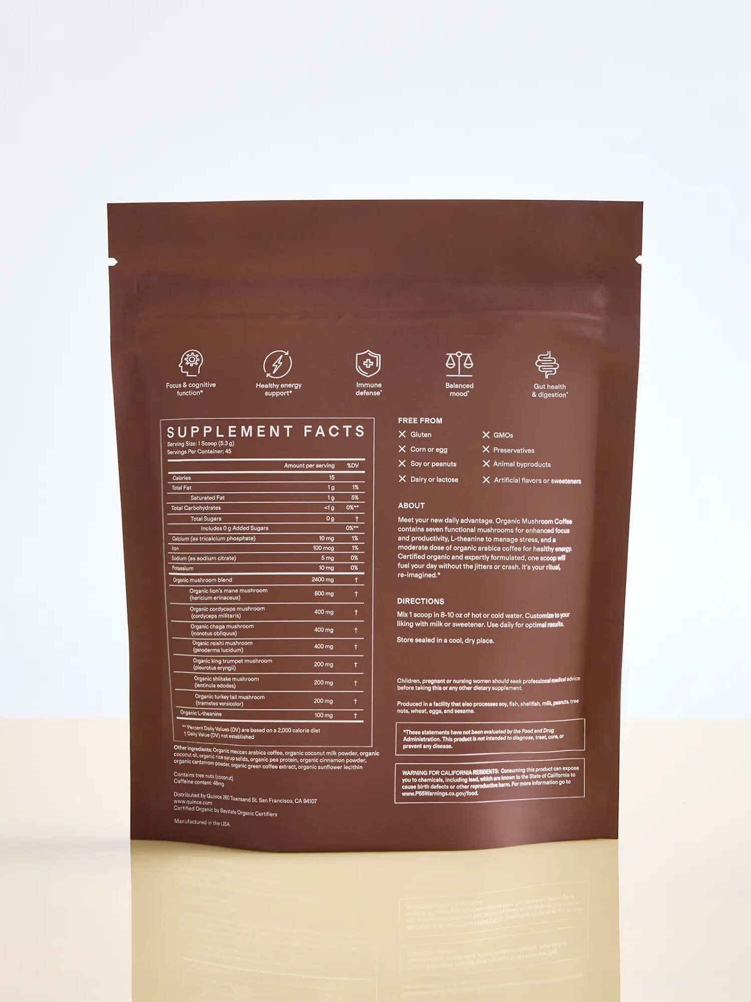 Back view of a brown supplement package displaying supplement facts, icons, ingredient list, usage directions, and information about what the product is free from.