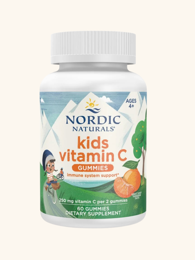 A bottle of Nordic Naturals Kids Vitamin C Gummies, showing 60 gummies, 250 mg vitamin C per 2 gummies, for ages 4 and up, with immune system support claim on label.