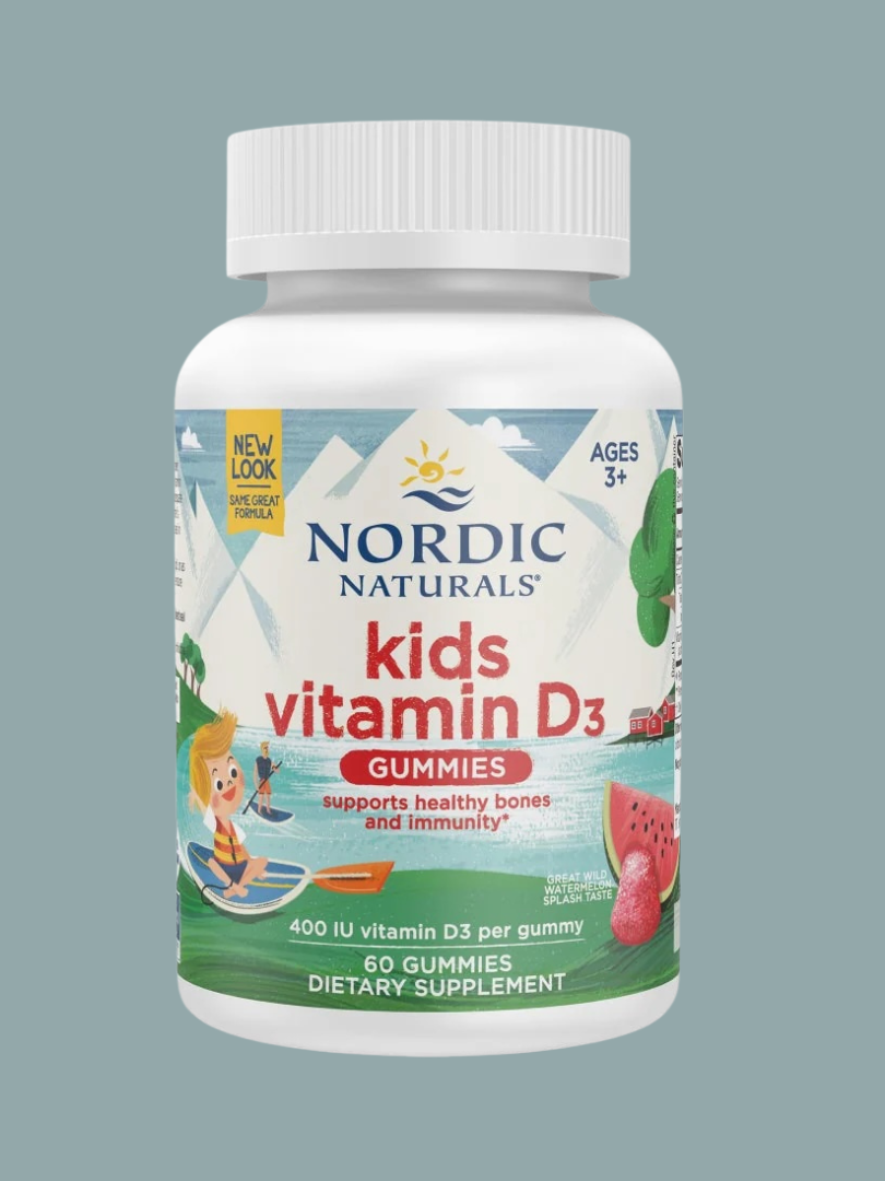 A bottle of Nordic Naturals Kids Vitamin D3 Gummies, watermelon flavor, with 60 gummies; label highlights support for healthy bones and immunity for ages 3 and up.