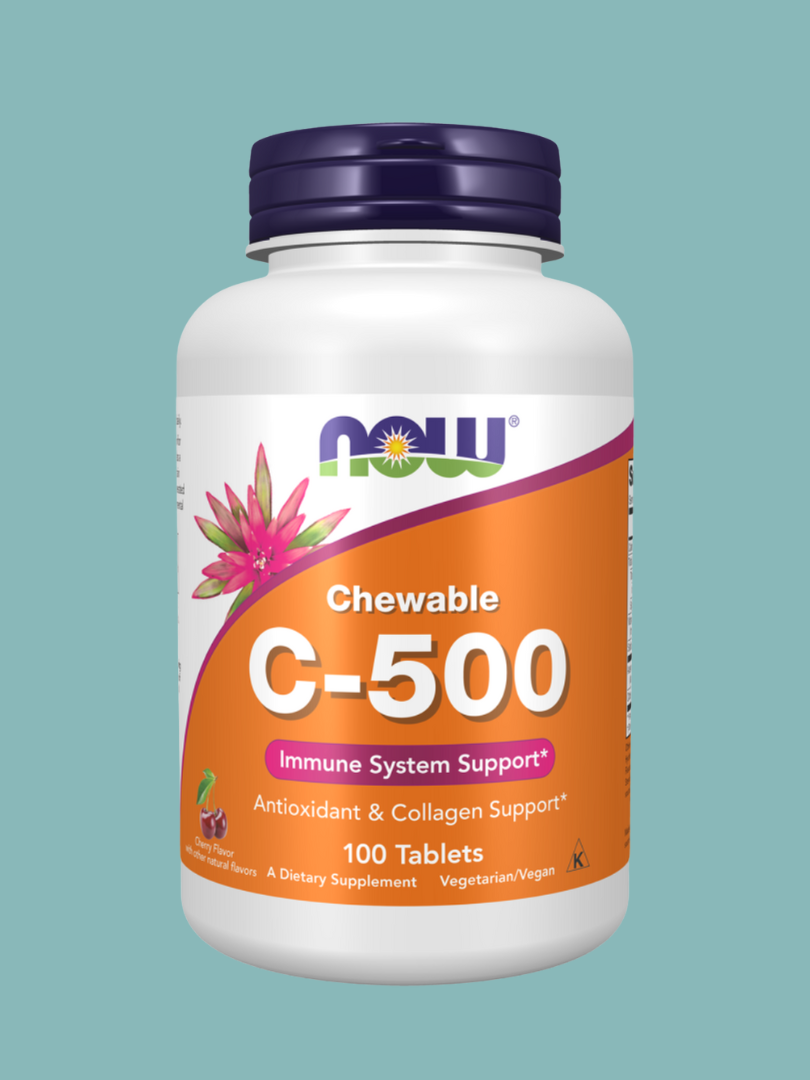 A white bottle of NOW Chewable C-500 tablets with an orange label, featuring immune system support claims and containing 100 vegetarian/vegan tablets.