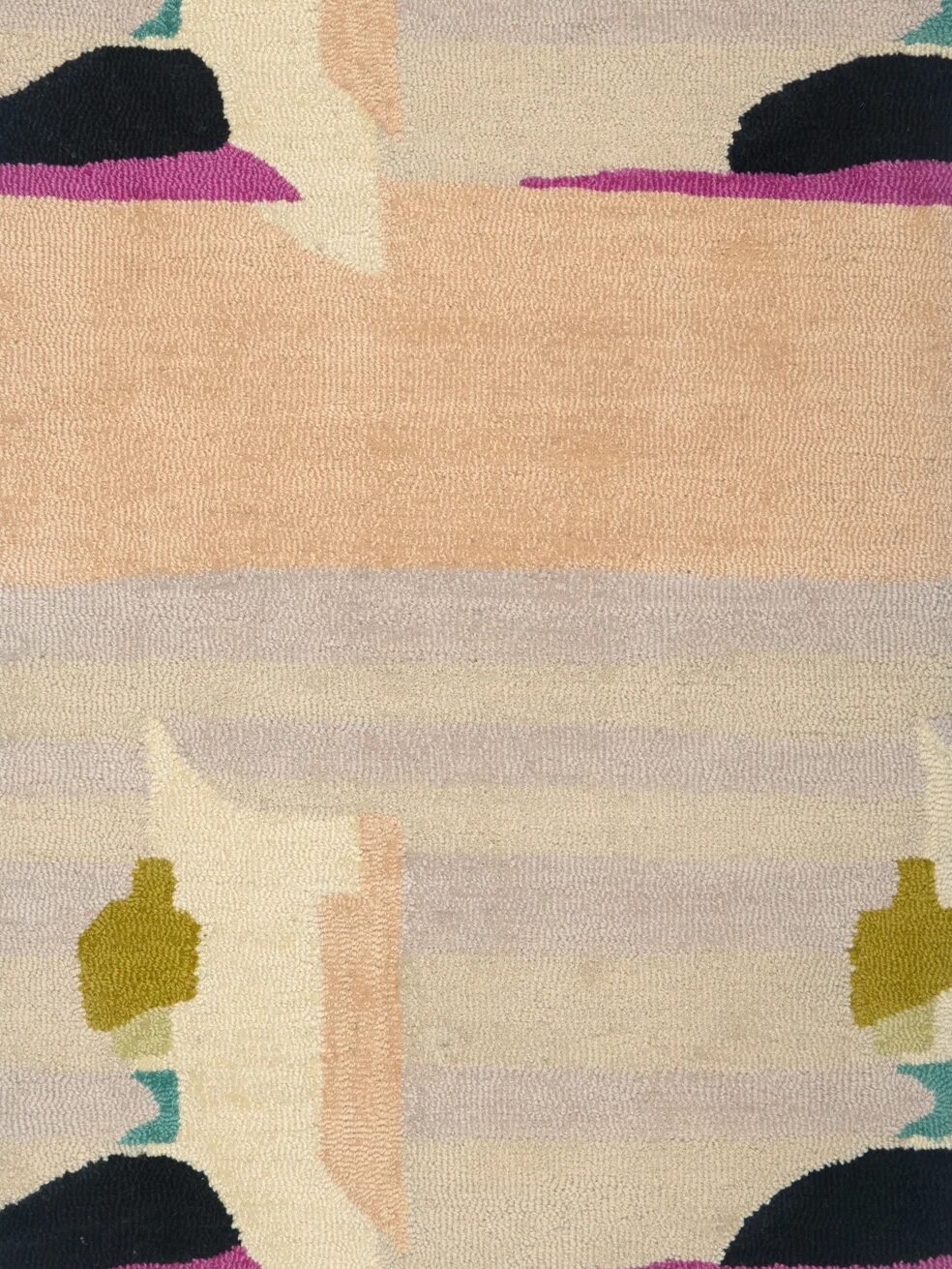 Rectangular rug with an abstract design featuring cream, peach, pink, black, olive green, and lavender shapes on a textured surface.