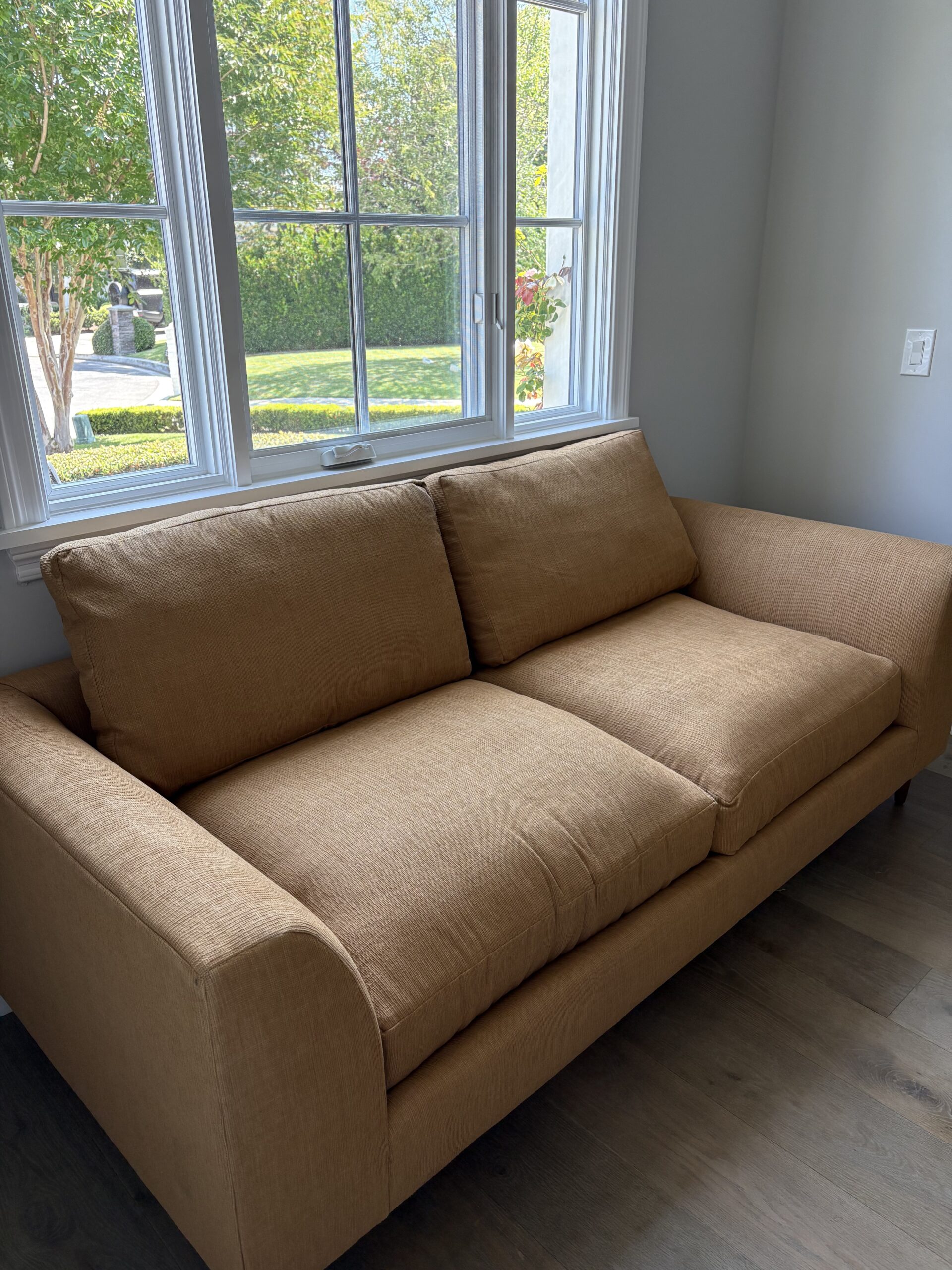 A brown fabric sofa with two seat cushions is positioned against a wall under a window with a view of trees and grass outside.