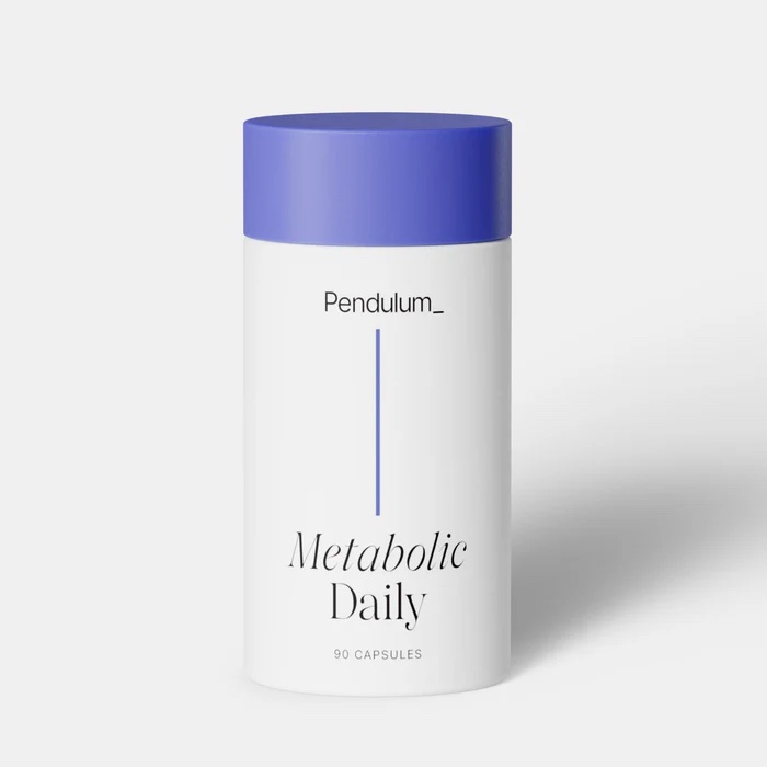 A white bottle with a purple cap labeled "Pendulum Metabolic Daily" containing 90 capsules, set against a plain background.