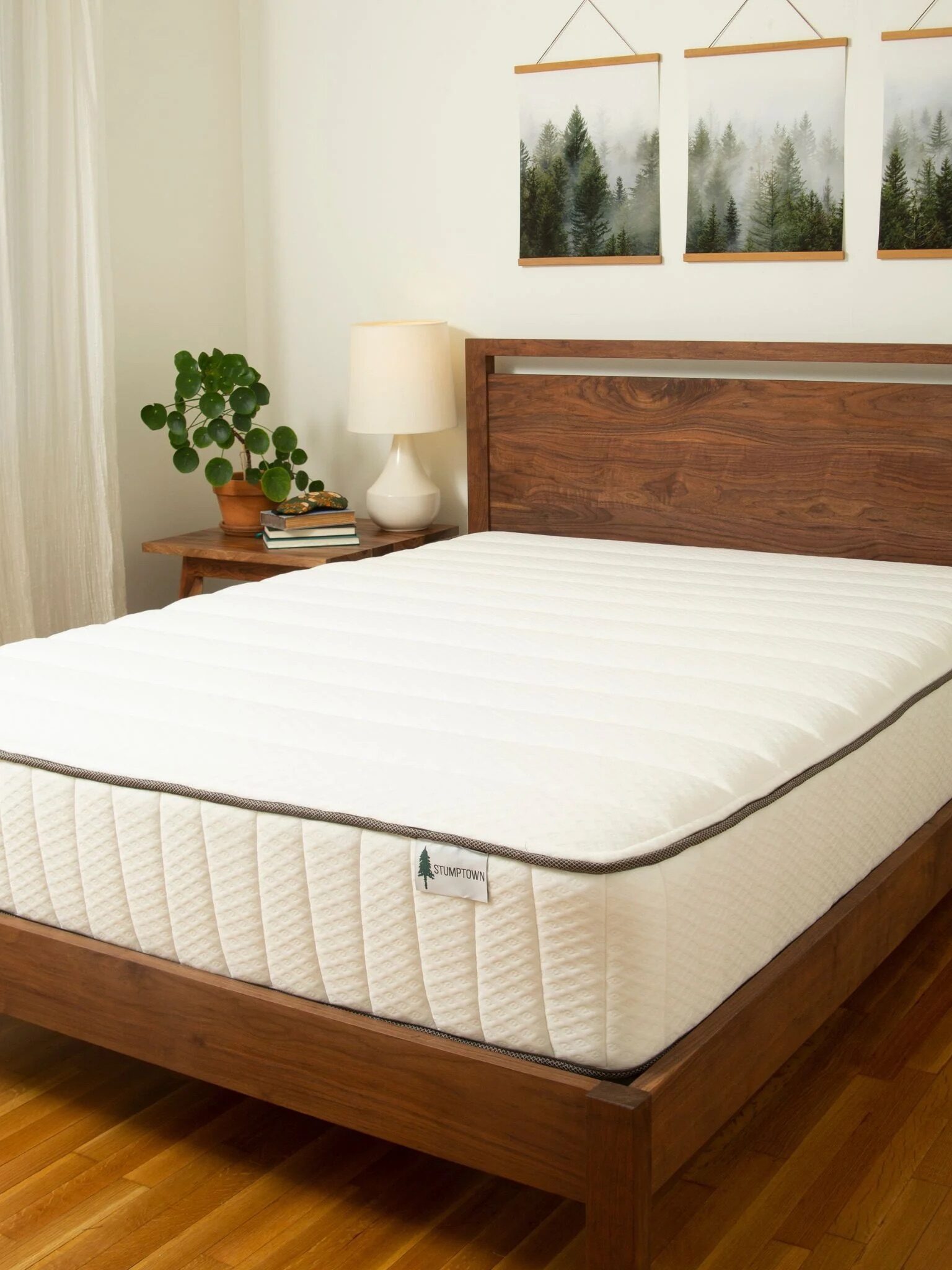 A neatly made bed with a white mattress in a wooden frame, next to a nightstand with a lamp and plant, in a bright room with wood flooring and forest artwork on the wall.