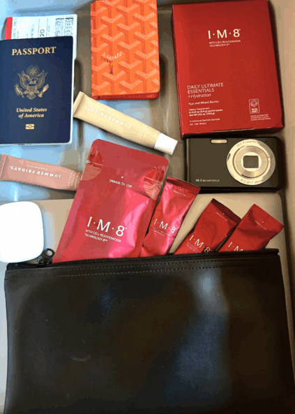 A United States passport, travel documents, skincare products, a digital camera, a black pouch, and white earbuds arranged neatly in a tray.