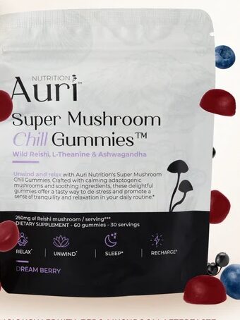 Auri Super Mushroom Chill Gummies package with gummies and berries scattered around, showing 30 servings and highlighting features like unwind, sleep, and recharge.