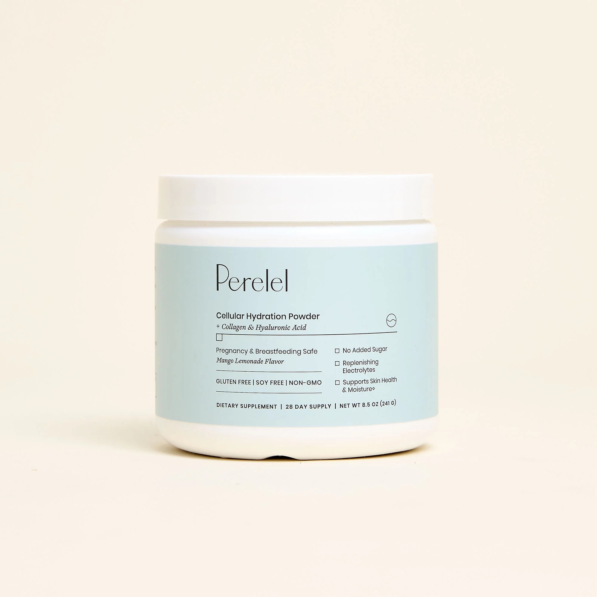 A white container of Perelel Cellular Hydration Powder with a light blue label, featuring product details and dietary information on the front.
