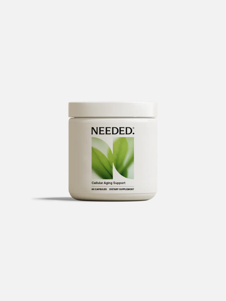 A white jar labeled "NEEDED: Cellular Aging Support" with a green leaf image, containing 60 capsules of dietary supplement.
