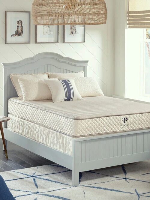 A neatly made bed with beige bedding in a bright, coastal-themed bedroom featuring white walls, framed animal photos, a desk, an armchair, and large windows with blinds.