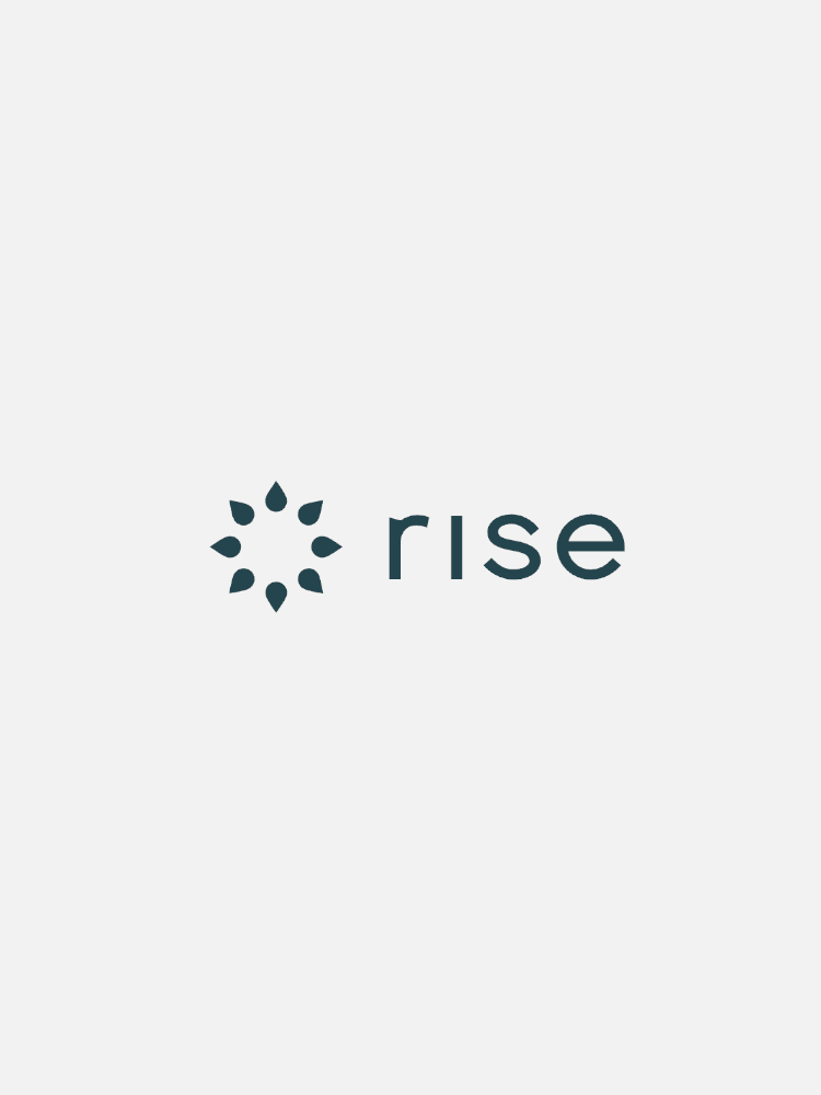 Logo with the word "rise" in lowercase letters and a geometric symbol composed of teardrop shapes arranged in a circle on the left.