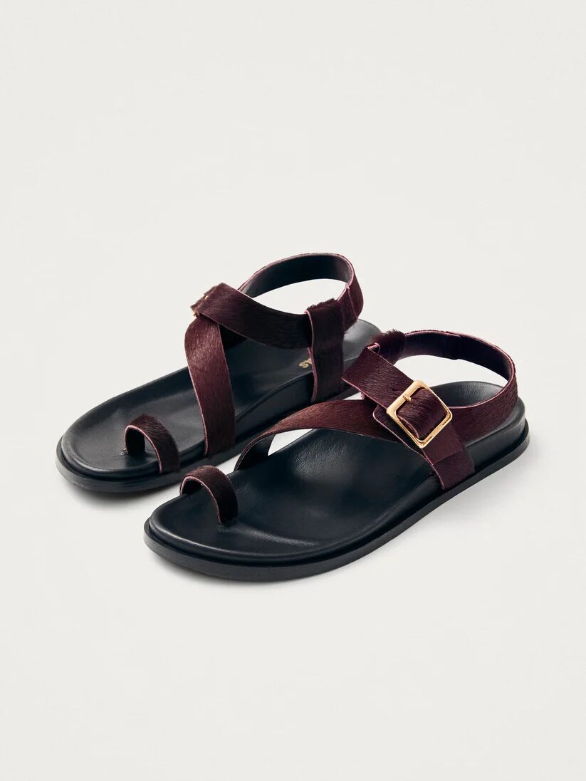 A pair of black flat sandals with dark burgundy straps, buckle closure, and a toe loop, displayed on a plain light background.