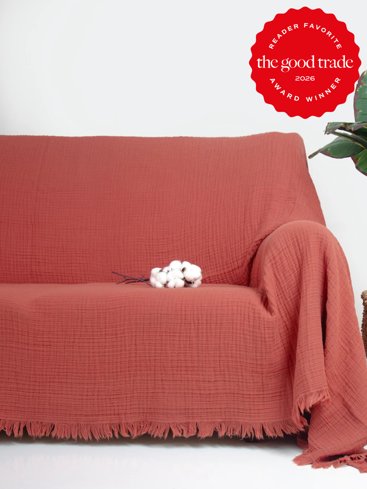 A rust-colored, textured throw covers a sofa. A cotton branch rests on the seat. A potted plant is partially visible. A red “The Good Trade 2026 Award Winner” badge is in the top right corner.