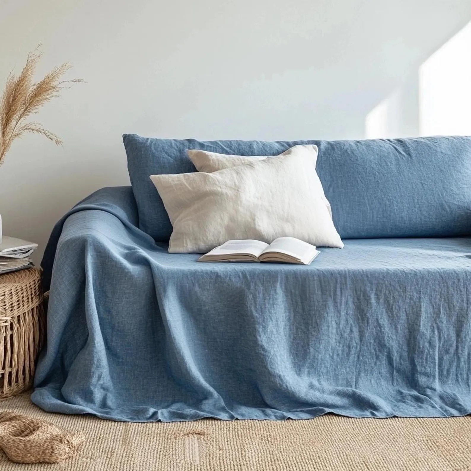 A blue sofa with a beige pillow and an open book, next to a wicker side table with dried grass, set against a white wall with natural light.