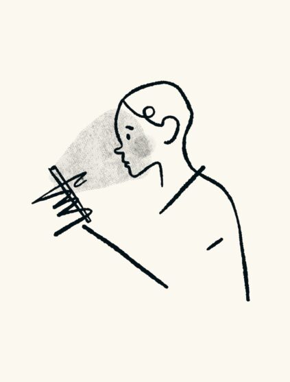 Minimalist line drawing of a person holding a smartphone, looking at the screen with light projecting onto their face.