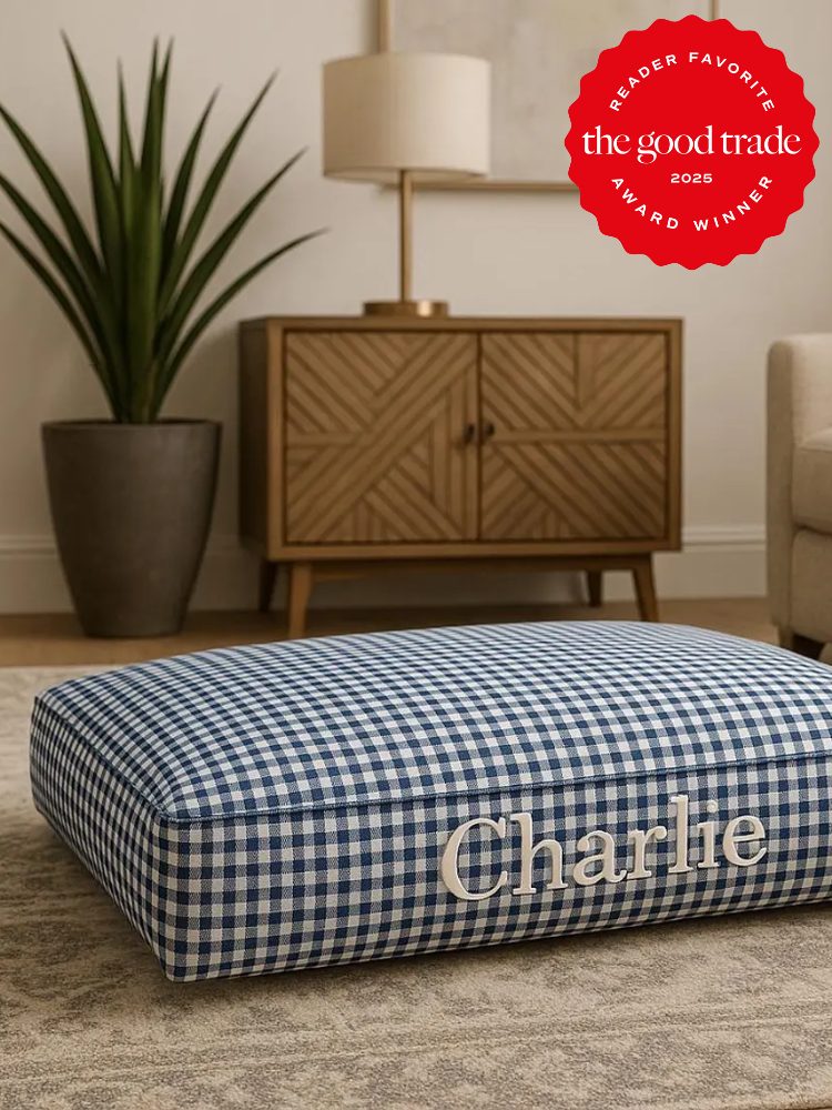 A blue and white checkered pet bed with "Charlie" embroidered on it sits in a living room with a plant, wooden cabinet, and a red award badge in the corner.