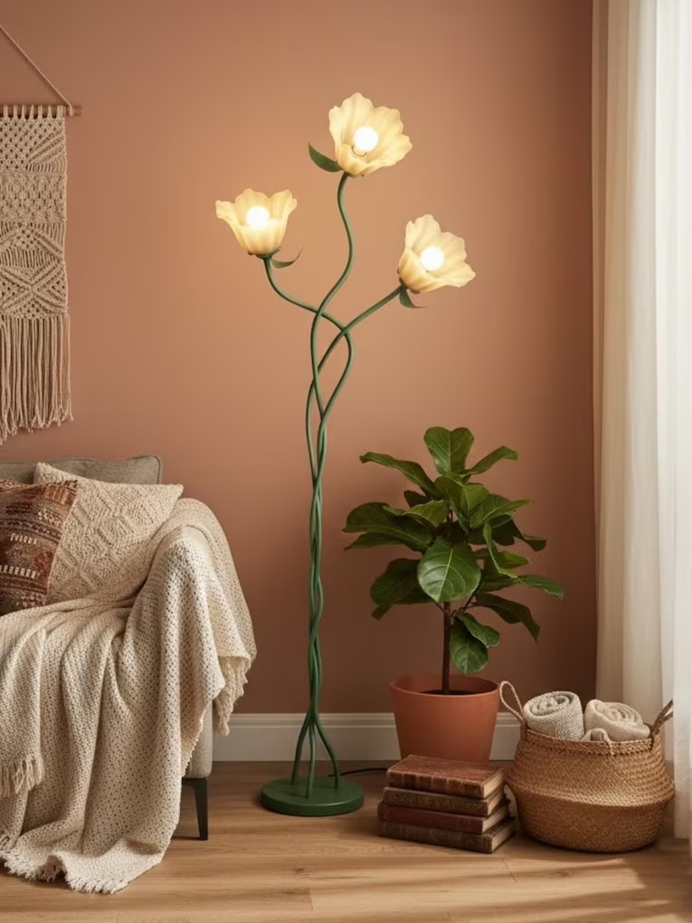 A flower-shaped floor lamp with three lights stands beside a potted plant, books, and a basket in a cozy living room with neutral decor.