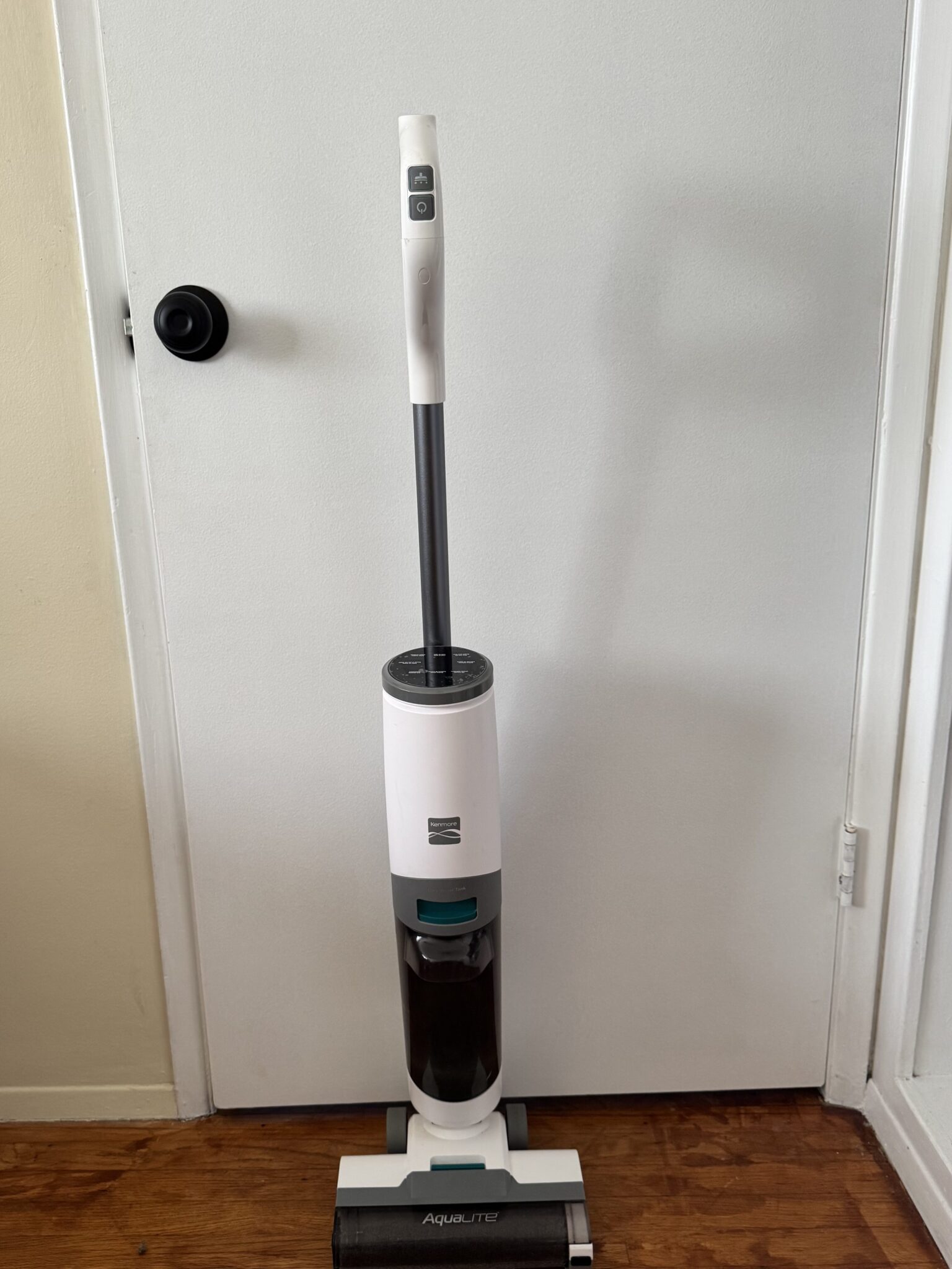 A white and black upright vacuum cleaner, labeled “Aqua VIBE,” stands on a wooden floor in front of a closed white door.