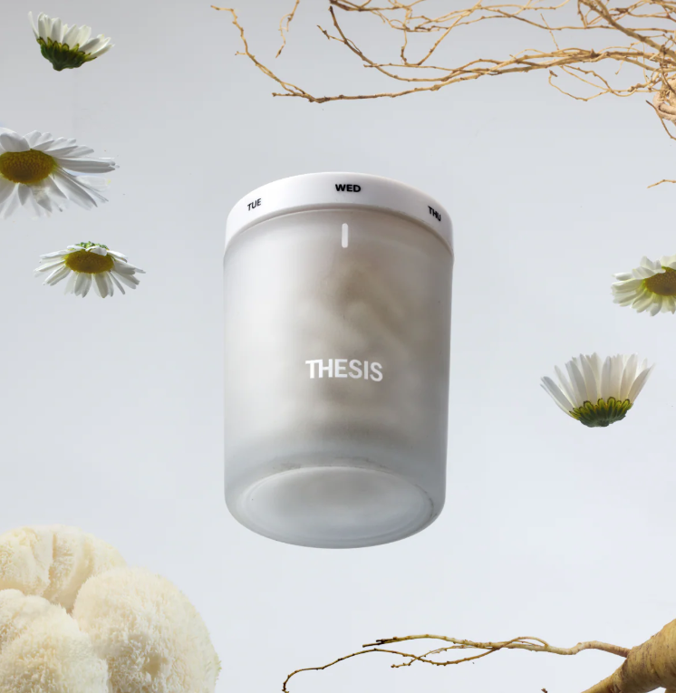 A frosted glass jar labeled "THESIS" with a white lid floats against a light background, surrounded by daisies, twigs, and white mushrooms.